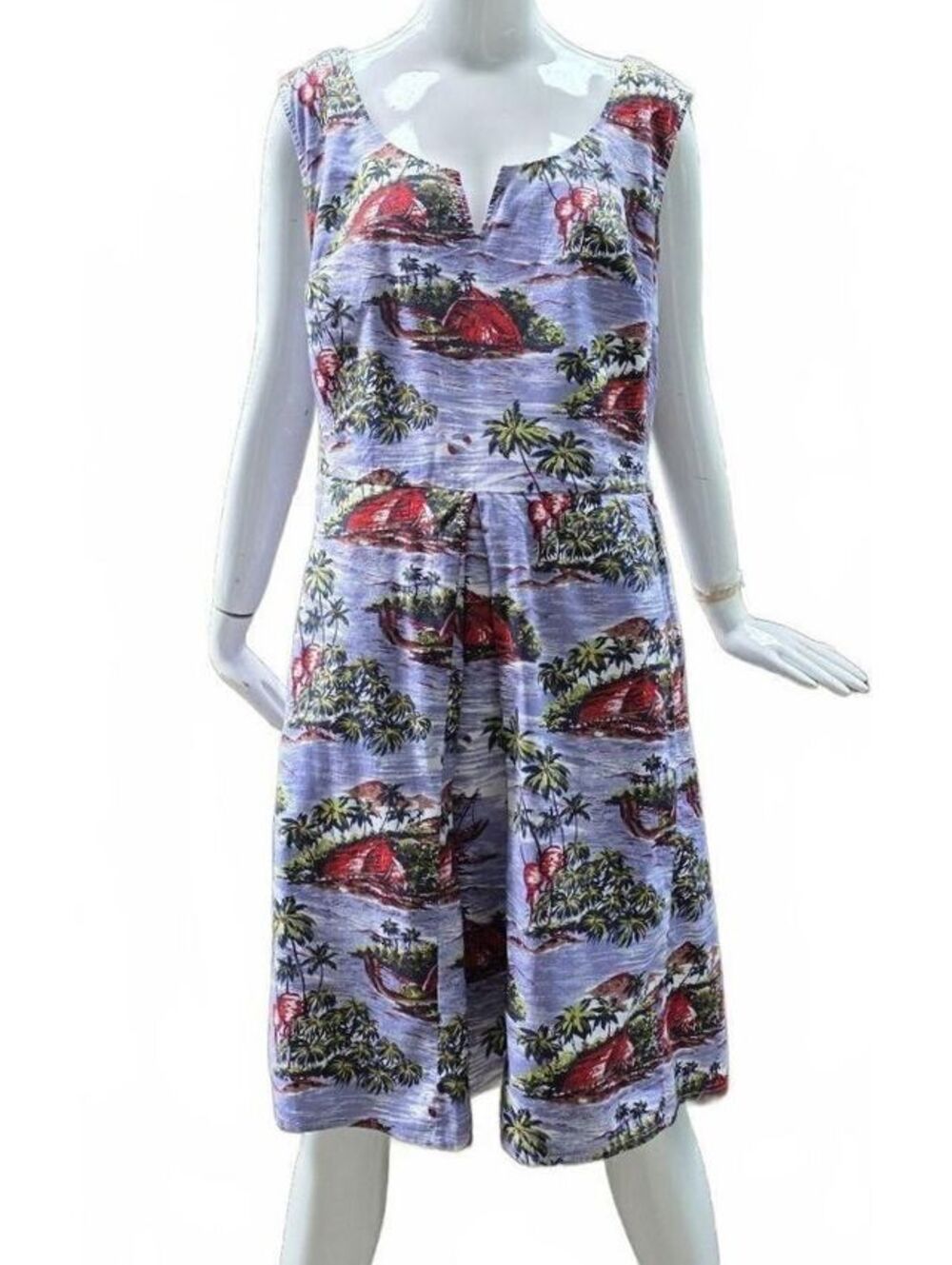 eShakti Cotton Island Print Empire Waist Cutout Neckline Dress Pockets XXL